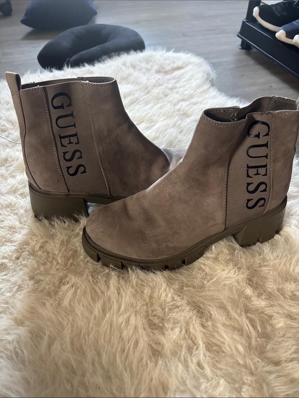 GUESS Taupe Suede-Look Lug Sole Chelsea Booties